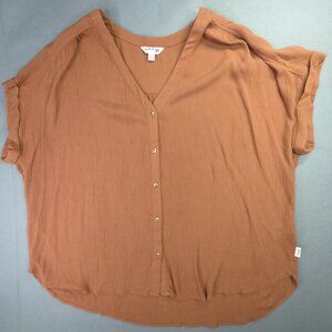 Orvis Blouse Womens XL Rust Brown V Neck Button Front Crinkle Short Sleeve Top